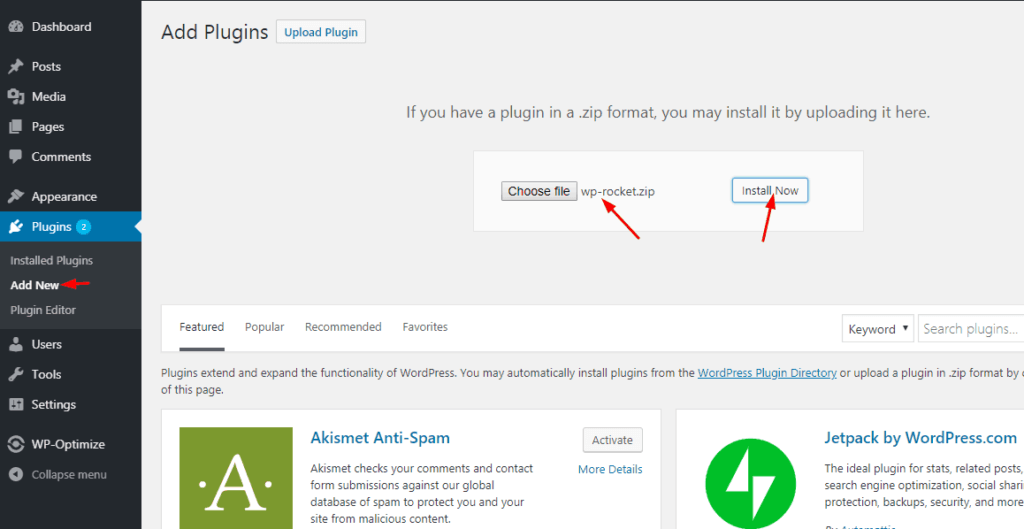 Upload WP Rocket Plugin to wordpress