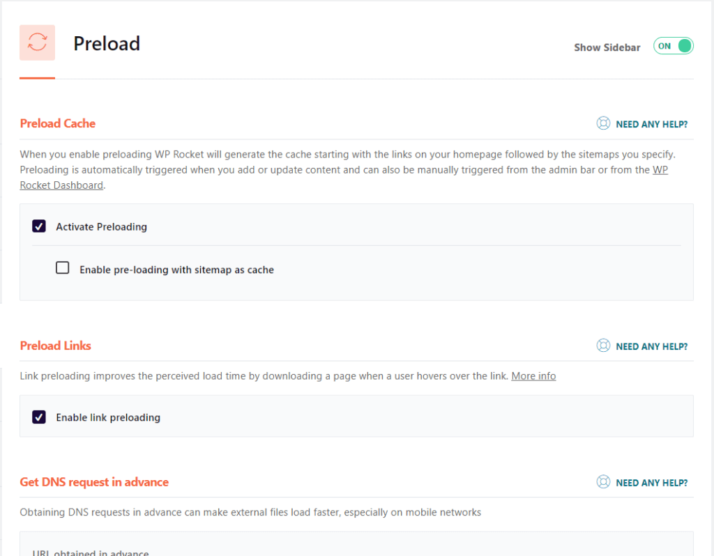 WP Rocket plugin settings - preload in wordpress