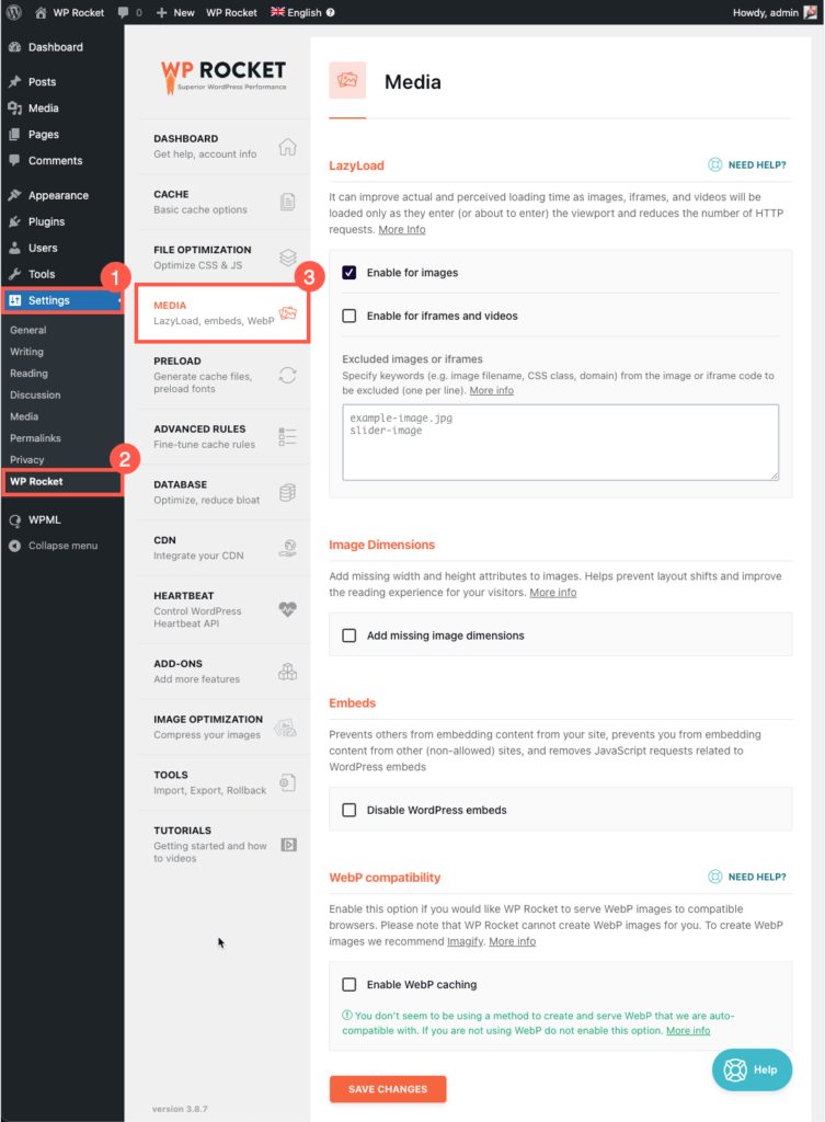 WP Rocket plugin settings - media in wordpress