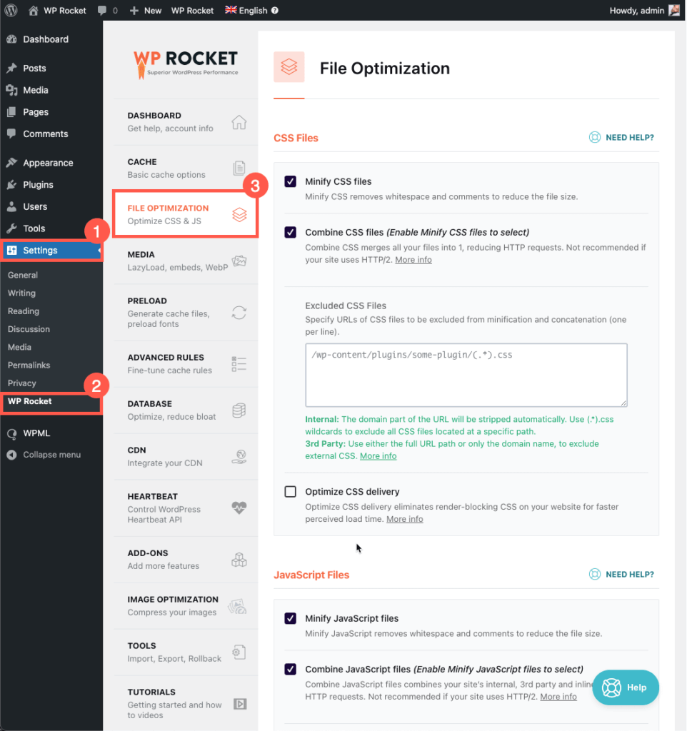 WP Rocket plugin settings - File optimization in wordpress