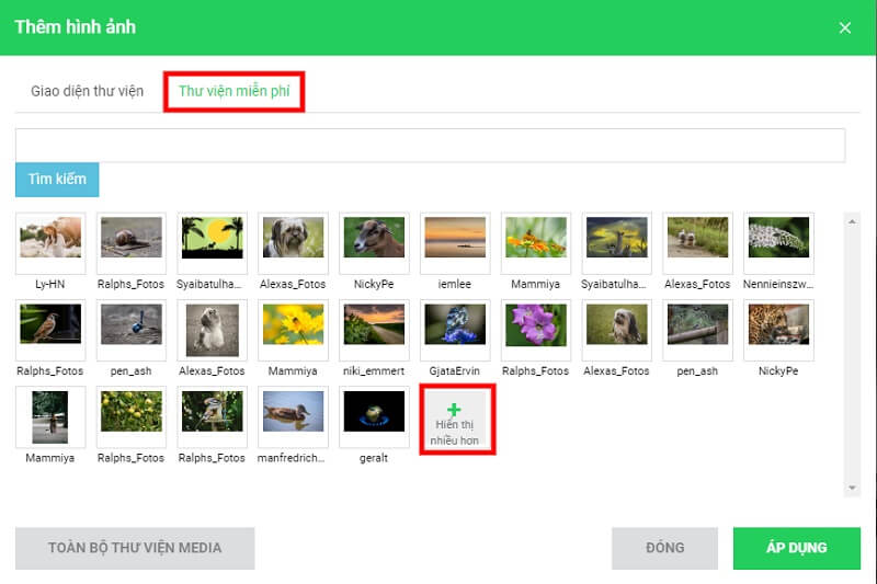 Bạn cũng có thể sử dụng miễn phí thư viện hình ảnh của Site Builder, chọn “Hiển thị nhiều hơn” để xem được nhiều hình ảnh trong kho ảnh miễn phí.