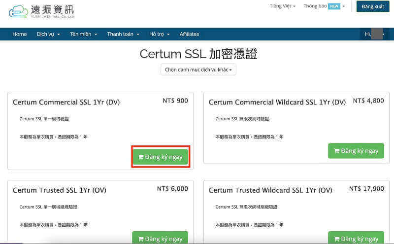 Chọn loại chứng chỉ Certum SSL muốn đăng ký và chu kỳ thanh toán hóa đơn. 